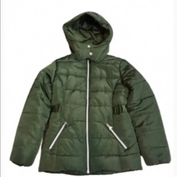 TAHARI PUFFER COAT OLIVE GREEN WITH ATTACHED HOOD ABD POCKETS - Picture 1 of 8